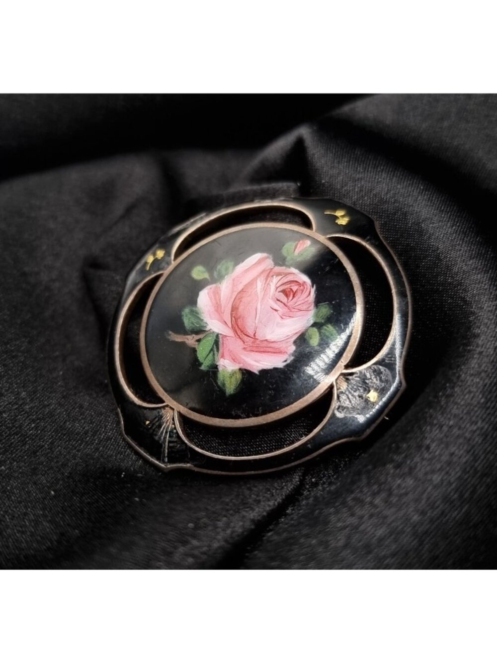 Vintage Enamel 925 Sterling Silver Brooch With Hand-Painted Pink Rose Design